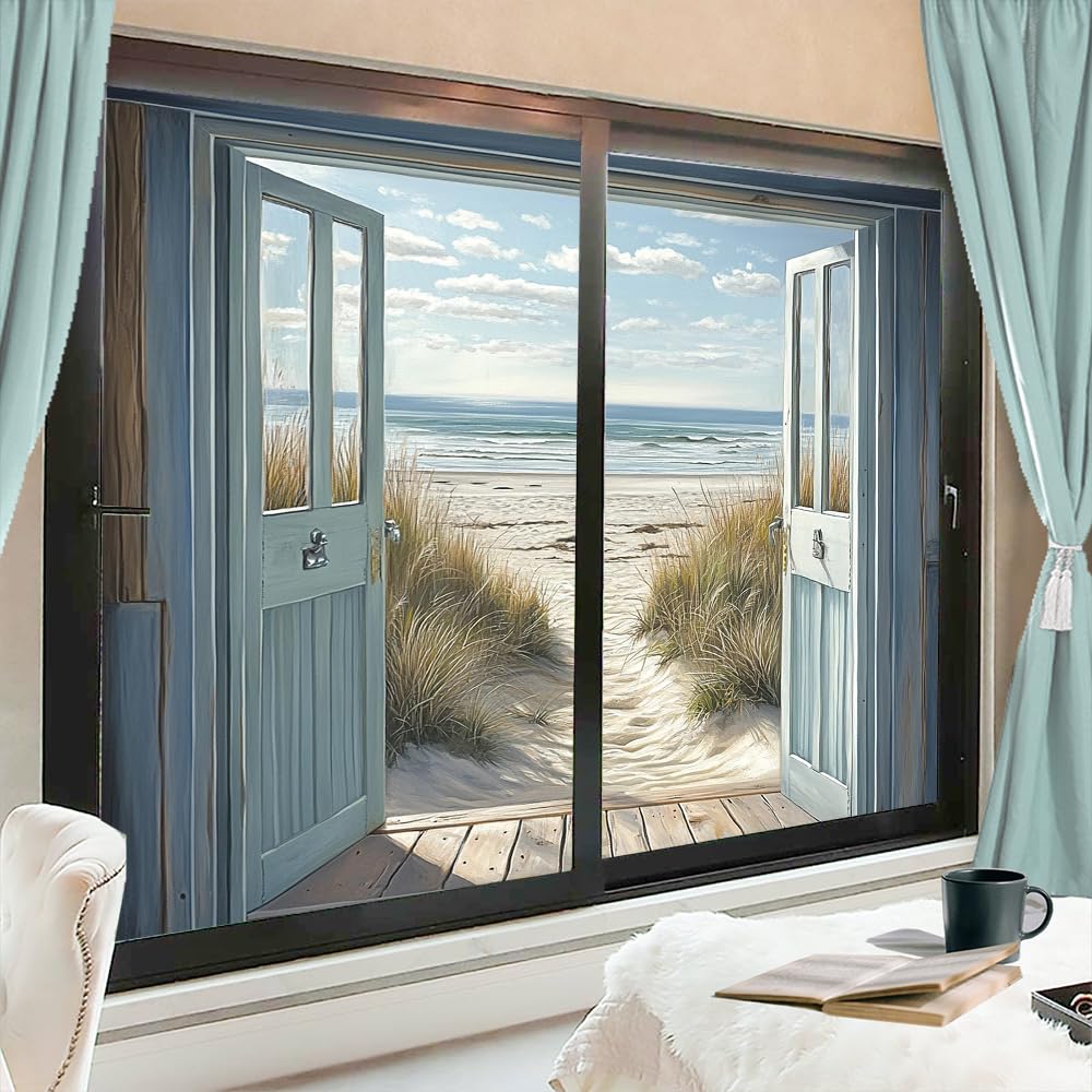 Vintage Door Ocean Stained Glass Window Film 35.4Wx63L inch x 2pcs