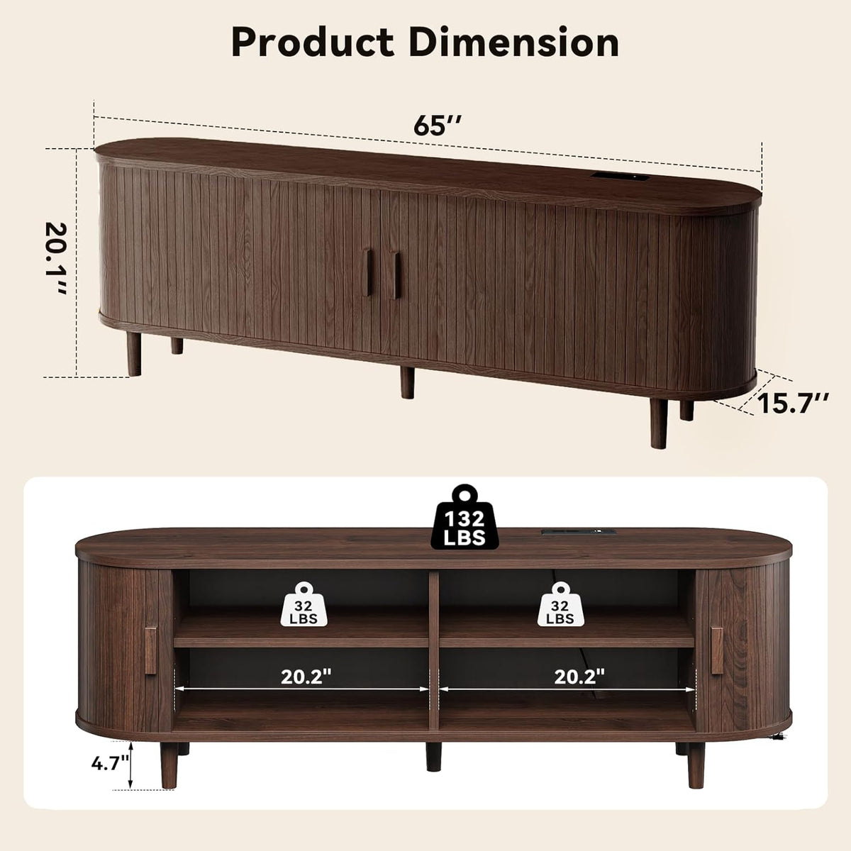 65" Mid Century Modern TV Stand with Power Outlet, Fluted Entertainment Center with Storage and Adjustable Shelves, Wood TV Console with Sliding Doors for Living Room, Walnut