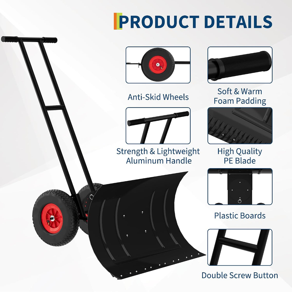 30" W x 18" h Heavy Duty Steel Snow Shovel Pusher for Driveway w/Wheels, Adjustable Handle, Angled Blade, Efficient Snow Removal, Back Saver Snow Plow, Double Rod