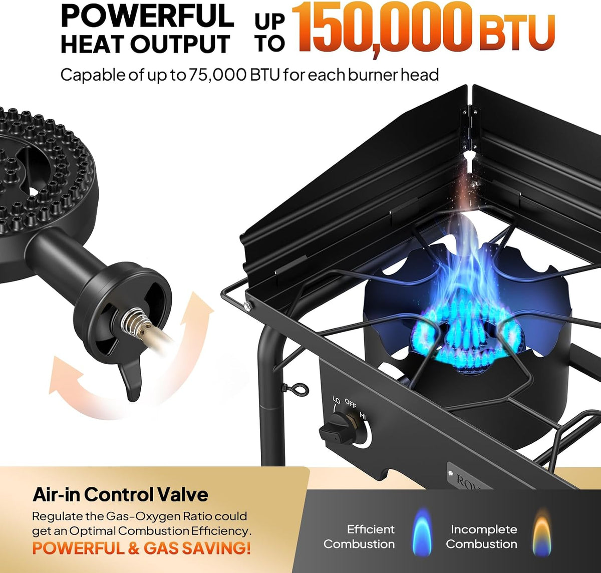 ROVSUN 2 Burner Outdoor Propane Gas Stove with Regulator, Windpanel, Bag & Side Shelves, 150,000 BTU Powerful Stand Cooker for Backyard Cooking Camping Home Brewing Canning Turkey Frying