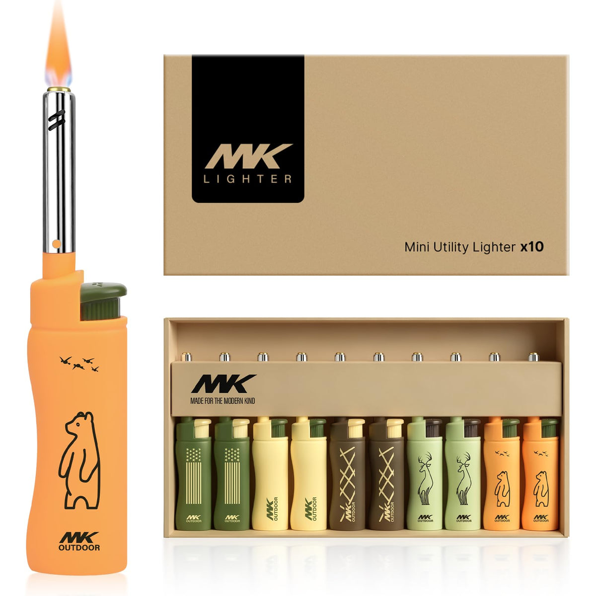 MK Lighter 10PCS Candle Lighters, Windproof Flame, Ideal as Lighters for Candle, BBQ Lighters, Camping, Outdoor, Butane Refillable, Multipurpose (3BL HUE -10PC)