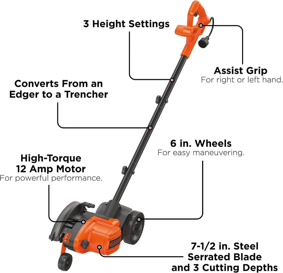 BLACK+DECKER Lawn Edger Trencher 2 in 1, 12 Amp 7.5 in. Electric Edger Lawn Tool for Landscaping and Trench Digger, 3 Height Settings, Corded (LE760FF)