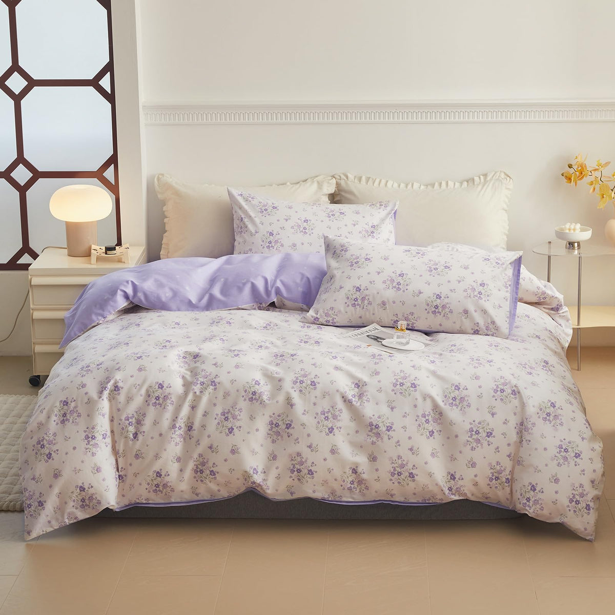 LifeTB Green Floral 100% Jersey Knit Cotton Duvet Cover Queen Vintage Style Botanical Floral Bedding Set Chic Shabby Green Floral Comforter Cover Girl Women Flower Bedding Cover with 2 Pillowcases