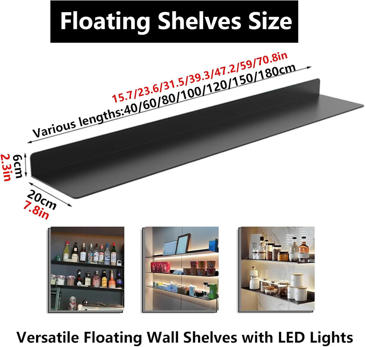 LED Floating Shelves Set of 2, Metal Wall Mounted Display Shelves with Built-in Lights, Modern Gold Floating Shelves for Living Room, Bedroom, Kitchen, Bathroom(White,100cm/39.3in)