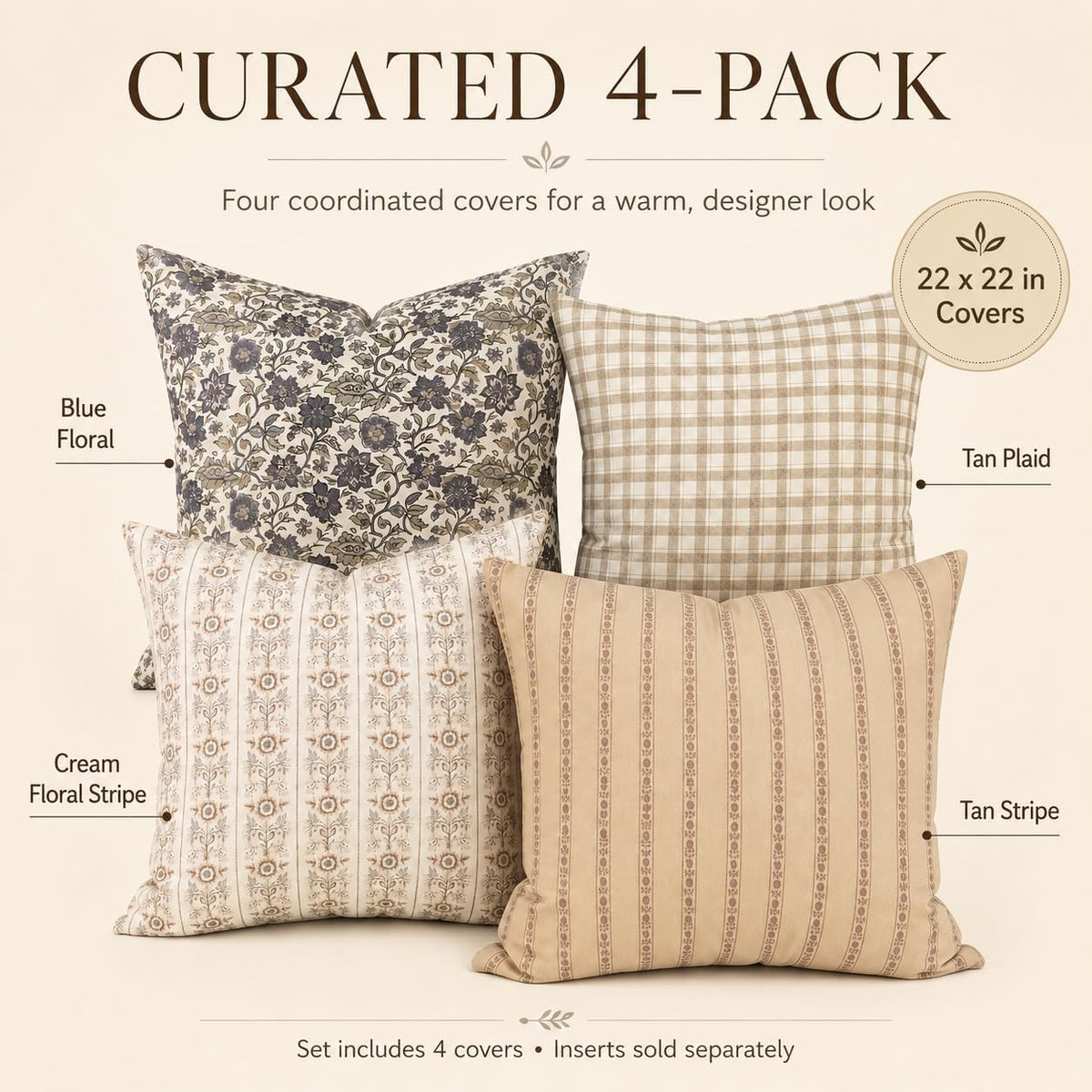 Woven Nook - 4 Pack - Modern & Luxurious Decorative Throw Pillow Covers - Durable Quality & Machine Washable - House Becomes Home - (22x22)