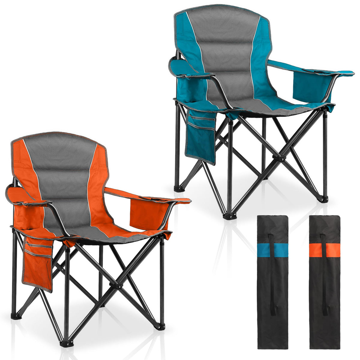 2 Pack Padded Oversized Camping Chairs for Adults,Heavy Duty Support 400 Lbs,Folding Portable Lawn Chair w/Cup Holder,Cooler Bag,Side Pocket,Perfect for Outdoor Picnic,Hiking(Orange&Blue)