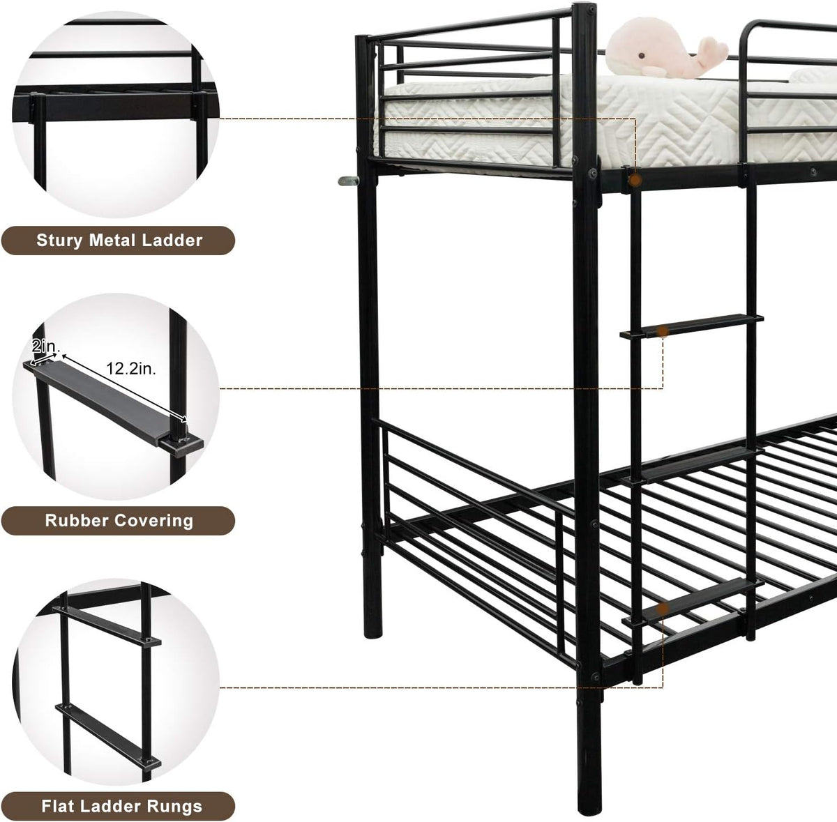 Bonnlo Bunk Bed Twin Over Twin for Kids/Teens/Adults Heavy Duty 2 Decker Bed with Flat Ladder and 13 inches High Guardrail, Metal Space Saver Bed with Stairs, Black