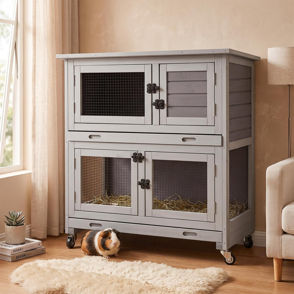 Aivituvin Rabbit Hutch Indoor Bunny Cage Outdoor 2 Story Pet House Guinea Pig Cage on Wheels 36" L