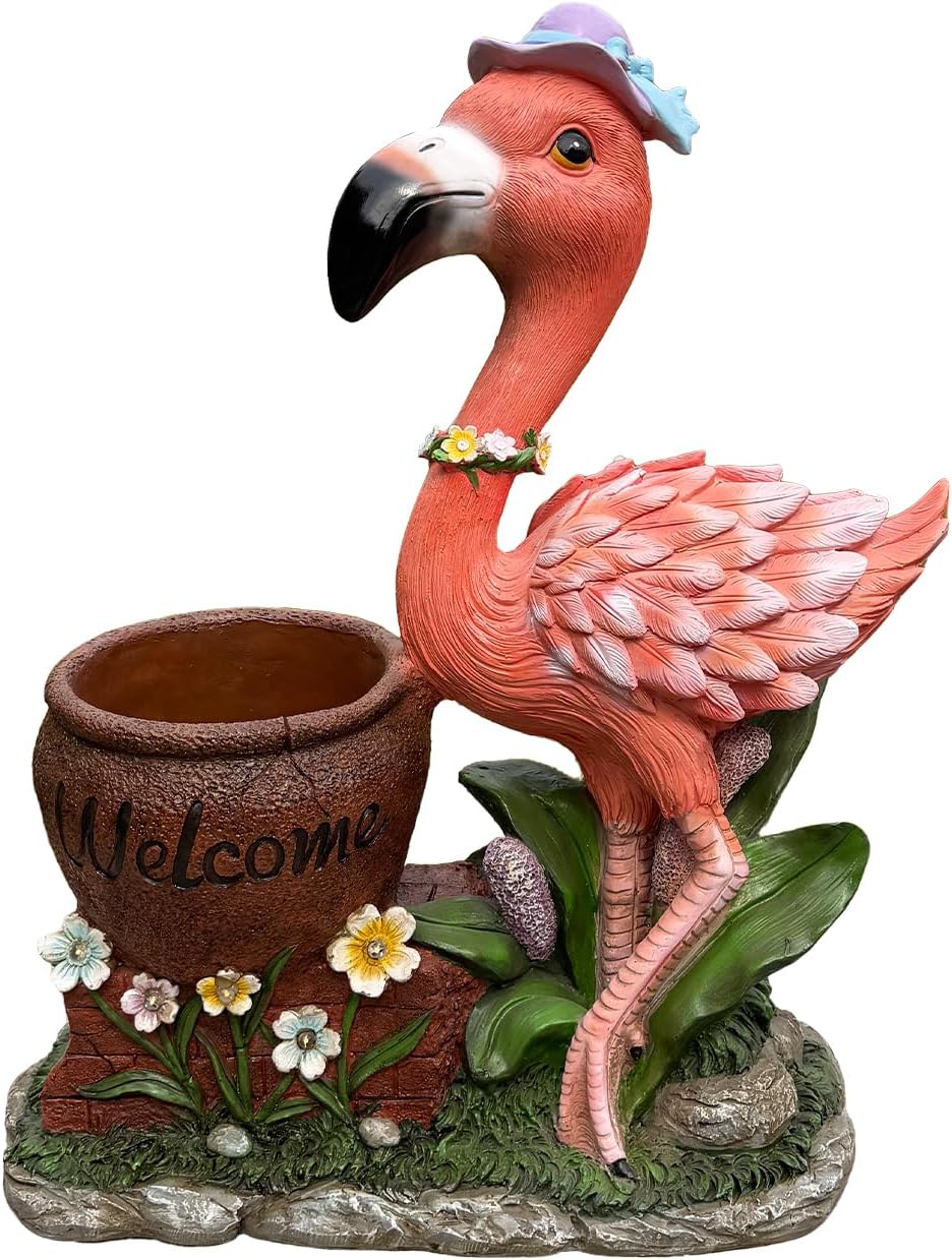 26" Outdoor Garden Sculpture Flamingo Flower Pot Planter with Solar LED Lights, Cute Resin Succulent Pot for Garden, Porch & Home Decor (Pink+Right)