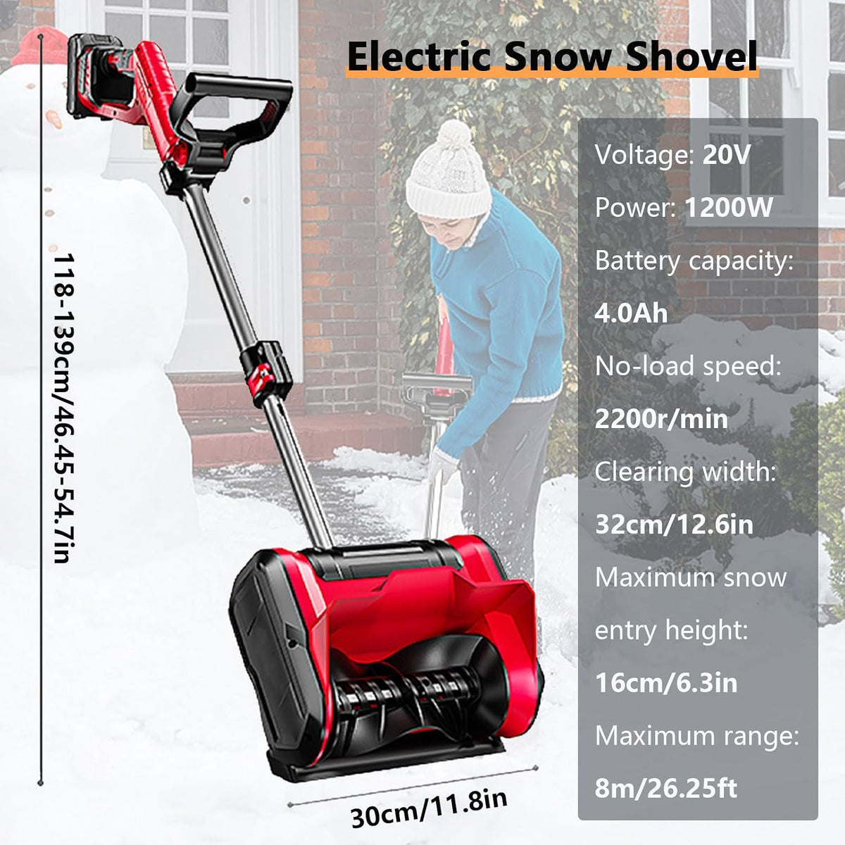 Cordless Snow Shovel, Electric Snow Blower for Driveway with Adjustable Handle & Telescopic Pole, 12.6in. Width, 6.3in. Depth, 26 FT Throw Distance (Battery and Charger Included)