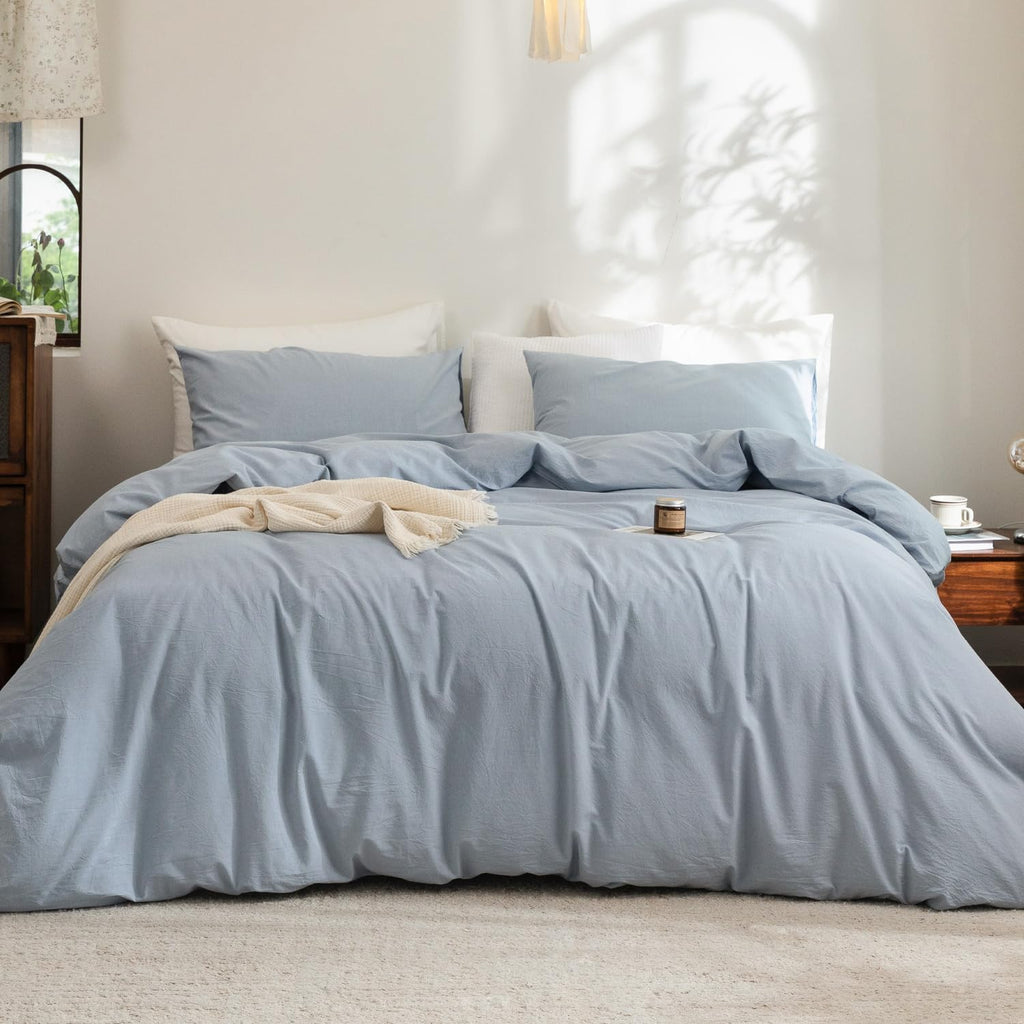 FOSSA Duvet Cover Set 100% Washed Cotton Linen Feel Queen