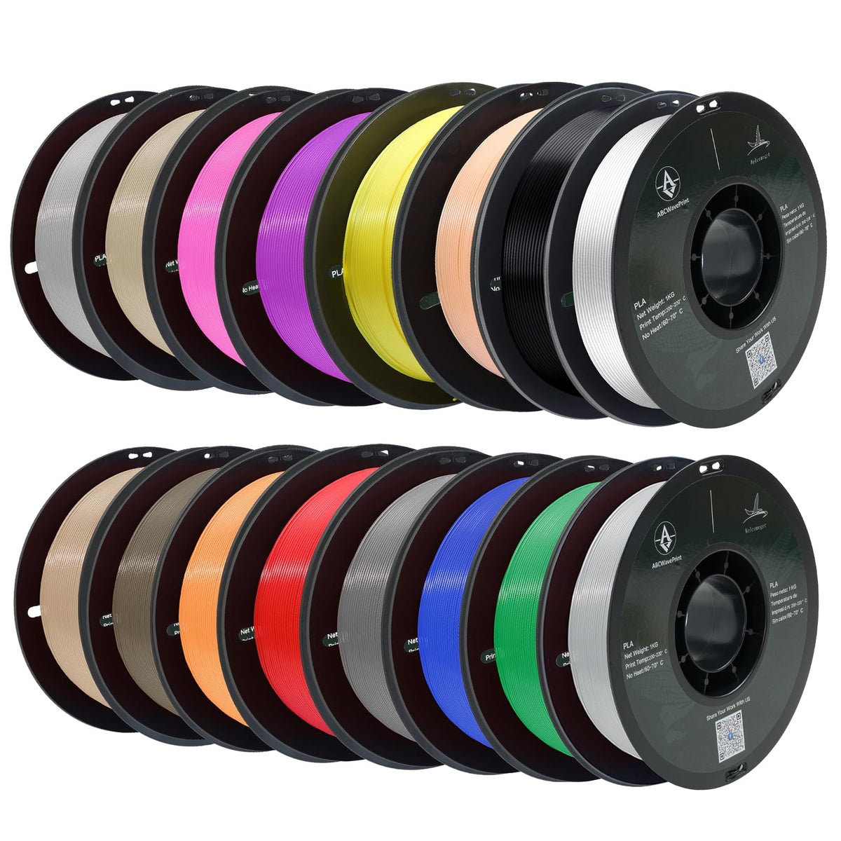 PLA 3D Printer Filament Bundle, Dimensional Accuracy +/- 0.02 mm, 16 x 1 kg Spool(35.2lbs), 1.75 mm，Black White Grey Red Green Blue Yellow Purple Silver Transparent Pink Orange Wood Brown