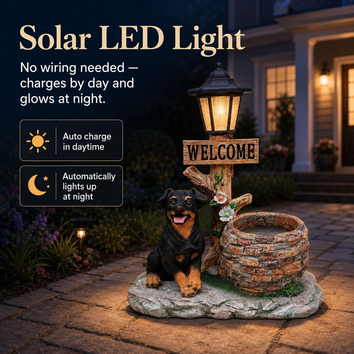 Solar Rottweiler Dog Statue with Welcome Sign & Lantern, 2 Dogs Garden Figurine Planter Pot, Realistic Outdoor LED Light for Porch, Yard Art & Lawn Decor, Unique Gift for Dog Lovers
