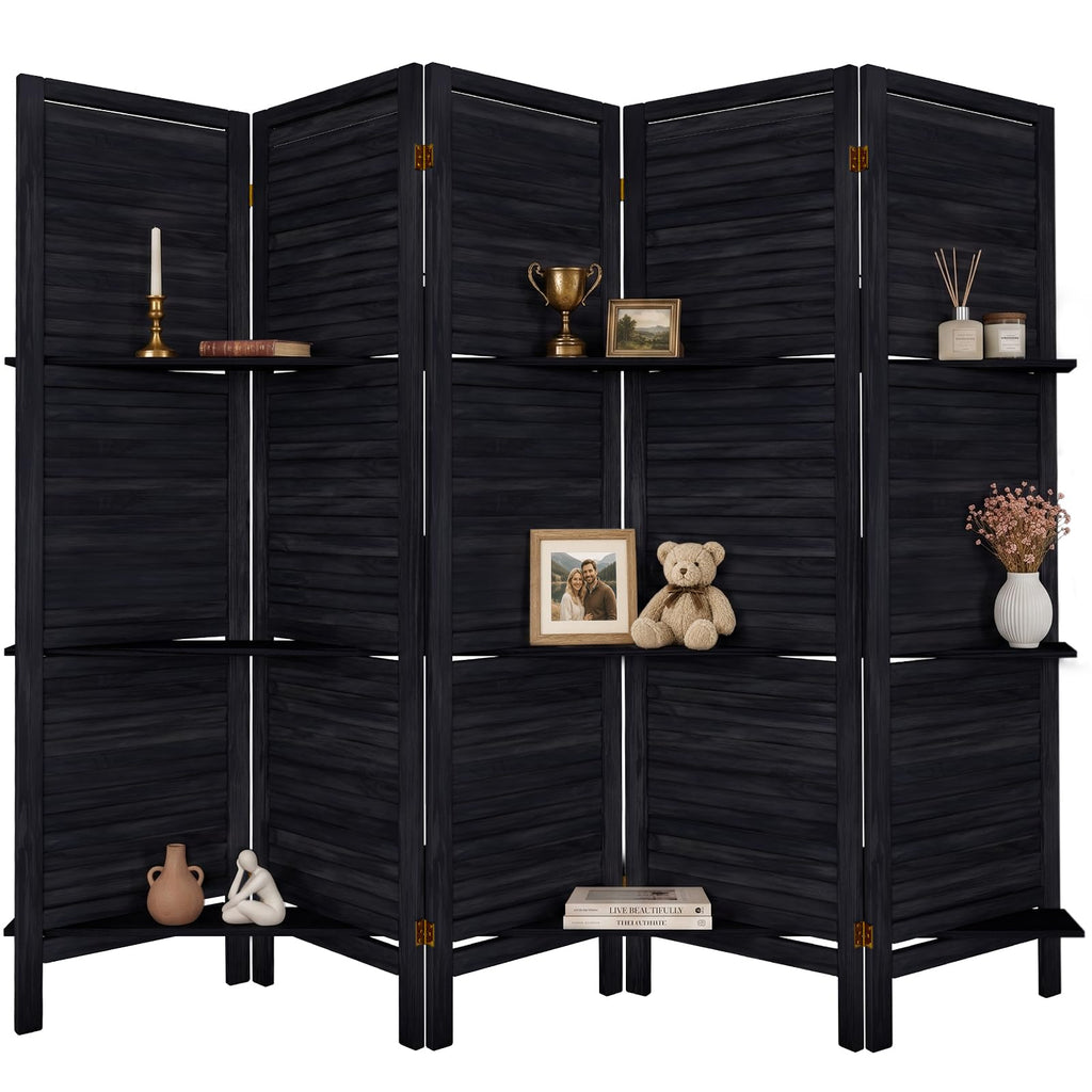 TEAKMAMA Room Divider, Room Divider with Shelves, 4 Panel,Distressed White