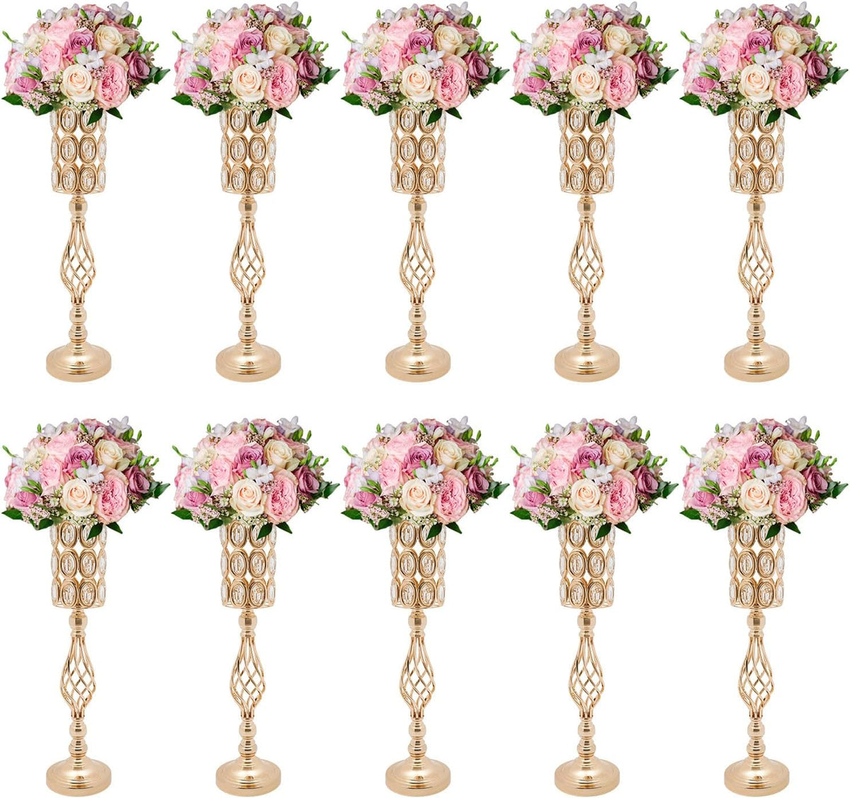 Wedding Centerpieces Gold Vases,10PCS Metal Flower Candle Holder,Wedding Vase for Tables,Crystal Flower Vase Metal Flowers Stand for Party Tables Decorations