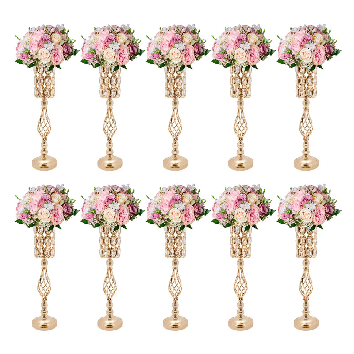 Wedding Centerpieces Gold Vases,10PCS Metal Flower Candle Holder with Sparkling Crystal Beads,Crystal Flower Vase Metal Flowers Stand for Party Tables Decorations (10PCS-Gold-14cm)