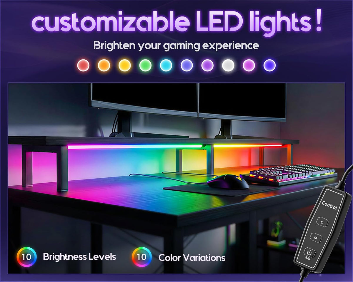 ODK 48 Inch Gaming Desk with LED Lights & Storage Shelves, Black