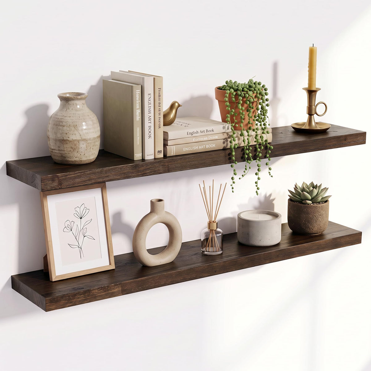 Live Edge Elm Floating Shelves - 24 In Rustic Solid Wood Shelves with Heavy-Duty Invisible Bracket, Wall-Mounted Wooden Shelf for Living Room, Bathroom, Kitchen Storage & Display, Set of 2, Natural