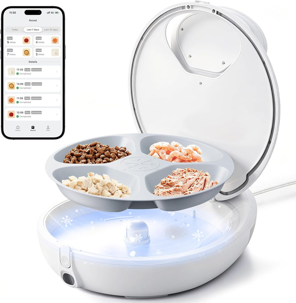 Robotail Automatic Cat Feeder for Wet Food, Smart Dual-Temp Semiconductor Cooling & Heating Auto Cat Feeder with Multi-Function App, 4 Fresh Meal for Cats Small Dog Easy to Clean