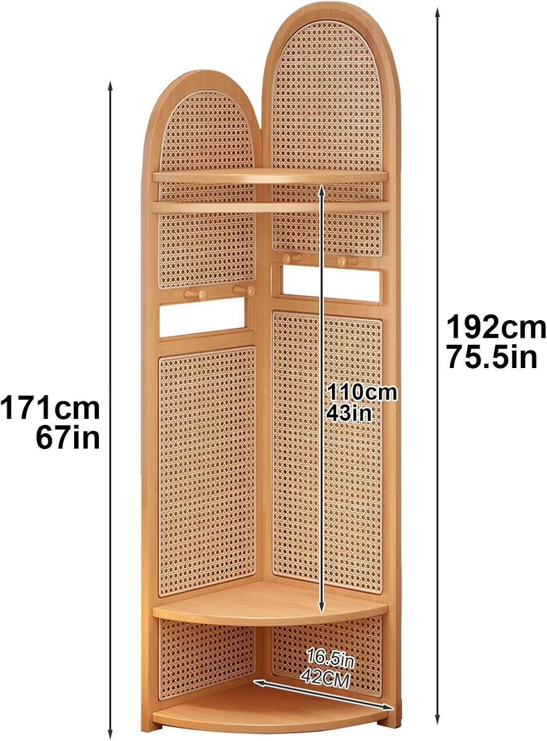 Wooden Corner Clothes Rack, 3-Tier Rattan Corner Hall Tree with Bench and Shoe Storage, Entryway Coat Rack with 4 Hooks, for Entryway or Bedroom(Yellow)