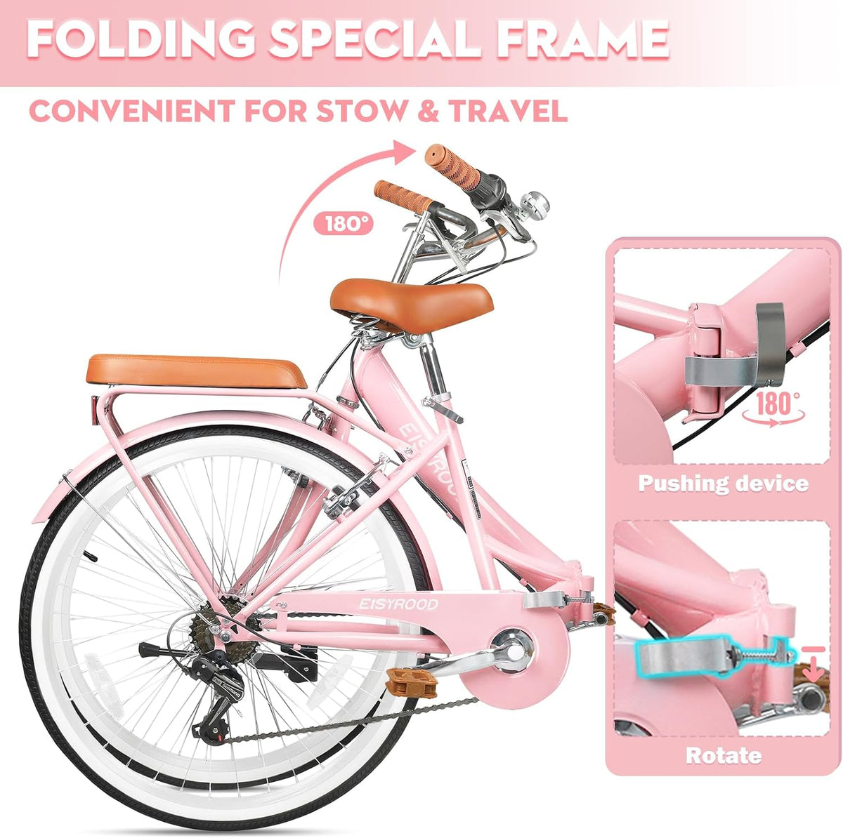 26Inch Foldable Women Bike, Womens Folding Bike with Basket, 7 Speed Beach Cruiser Fodable Bike for Women with Cushion, V-Brakes, Quick Install for Adults, Womens (Pink)