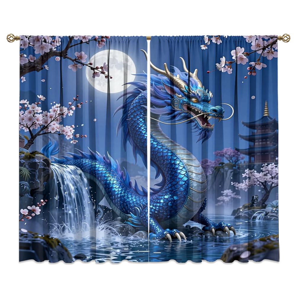 Dreamy Pink Wildlife Dragon Curtains-Fantasy Medieval Castle Rod Pocket Back Tab Window Drapes,Mythological Dragon Floral Roses Thermal Insulated Blackout Curtain,2pcs,Each 52“W x 96”L