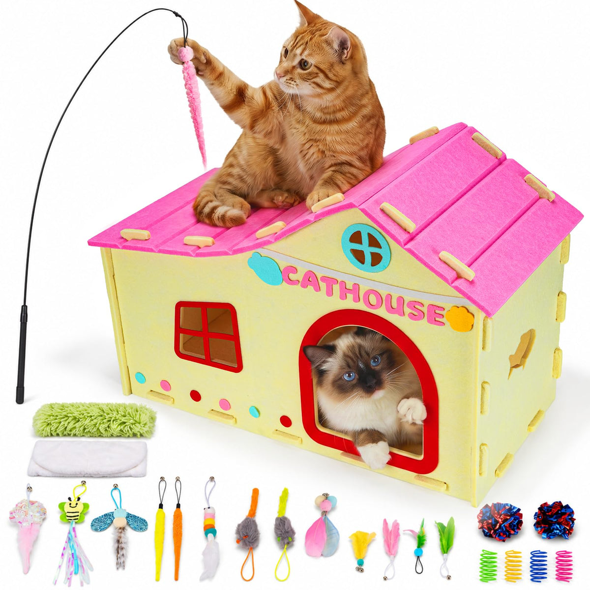 AsFrost 33inch Interactive Cat Toy Feather Toys Playhouse for Indoor Cats