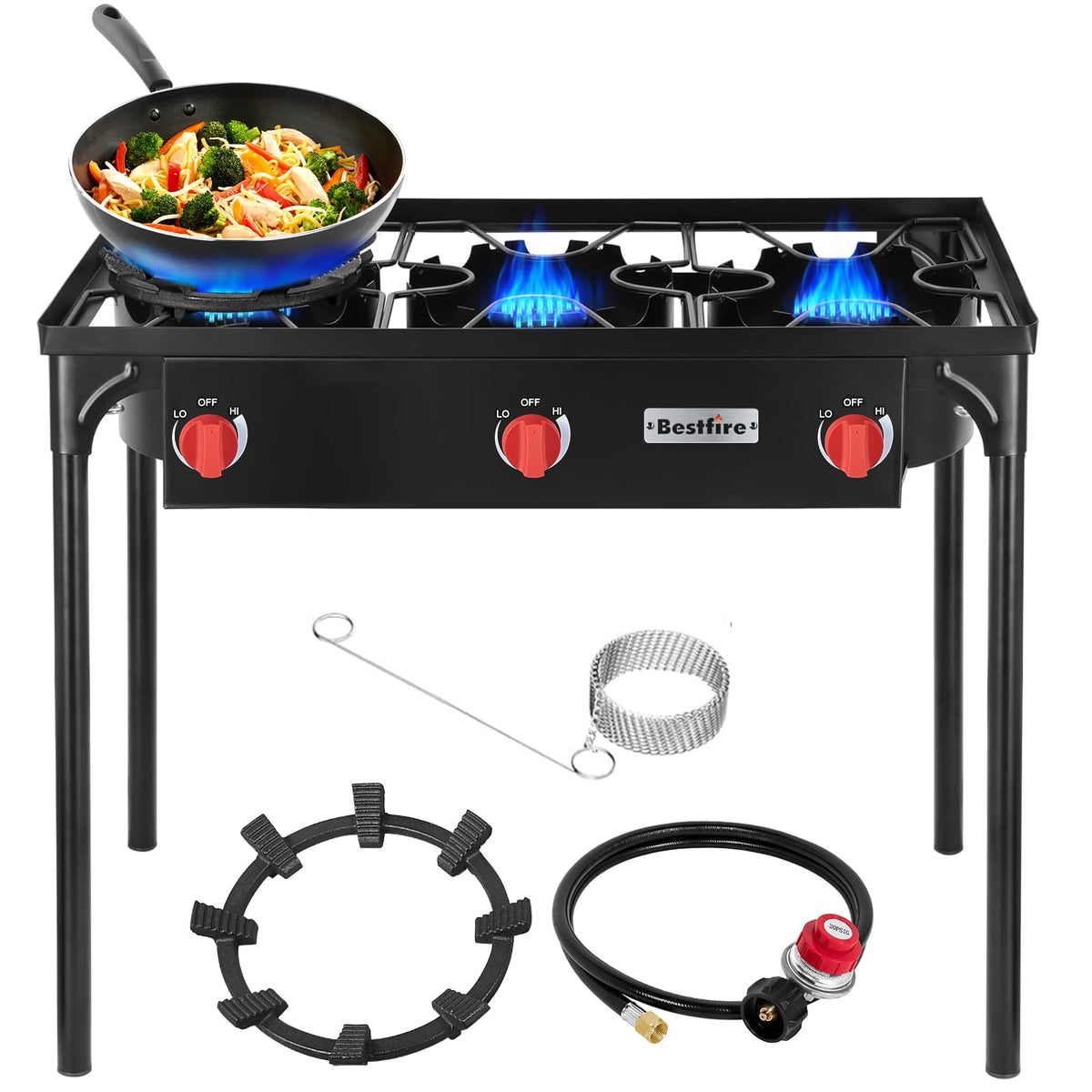 BESTFIRE 2 Burner Camping Stove,150,000 BTU High Pressure Outdoor Propane,4ft 20 PSI Adjustable Regulator Hose With Removable Legs for Backyard Cooking Camping Home