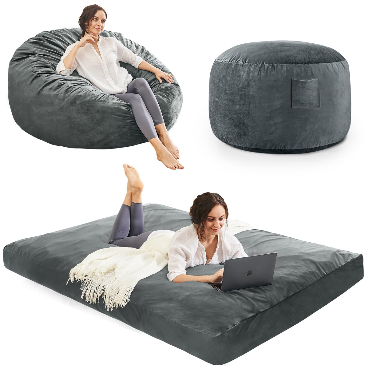Bean Bag Chairs for Adults - Giant Bean Bag Convertible Floor Sofa