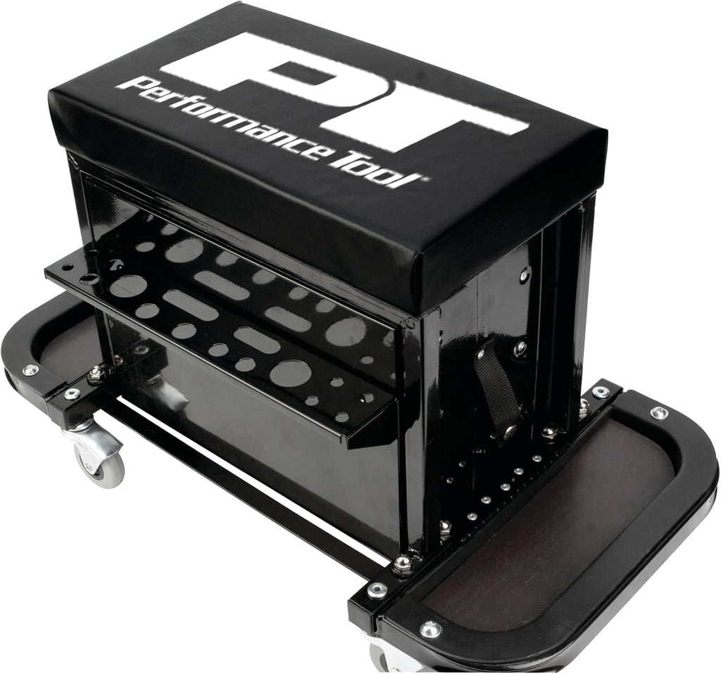 Performance Tool W85025 3-Drawer Rolling Tool Chest Seat With Magnetic Side Trays, Black