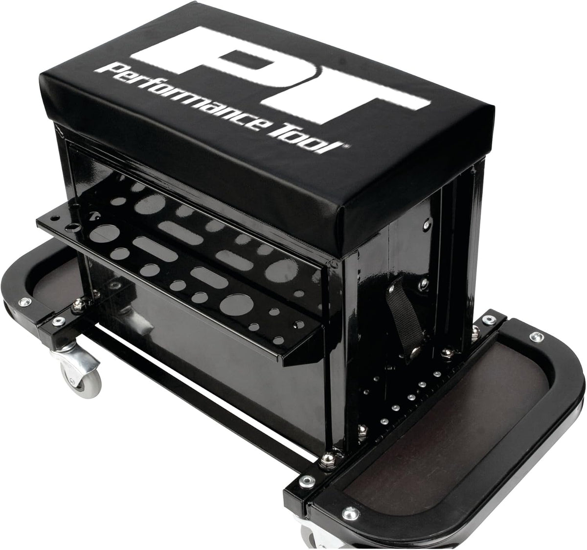 Performance Tool W85025 3-Drawer Rolling Tool Chest Seat With Magnetic Side Trays, Black