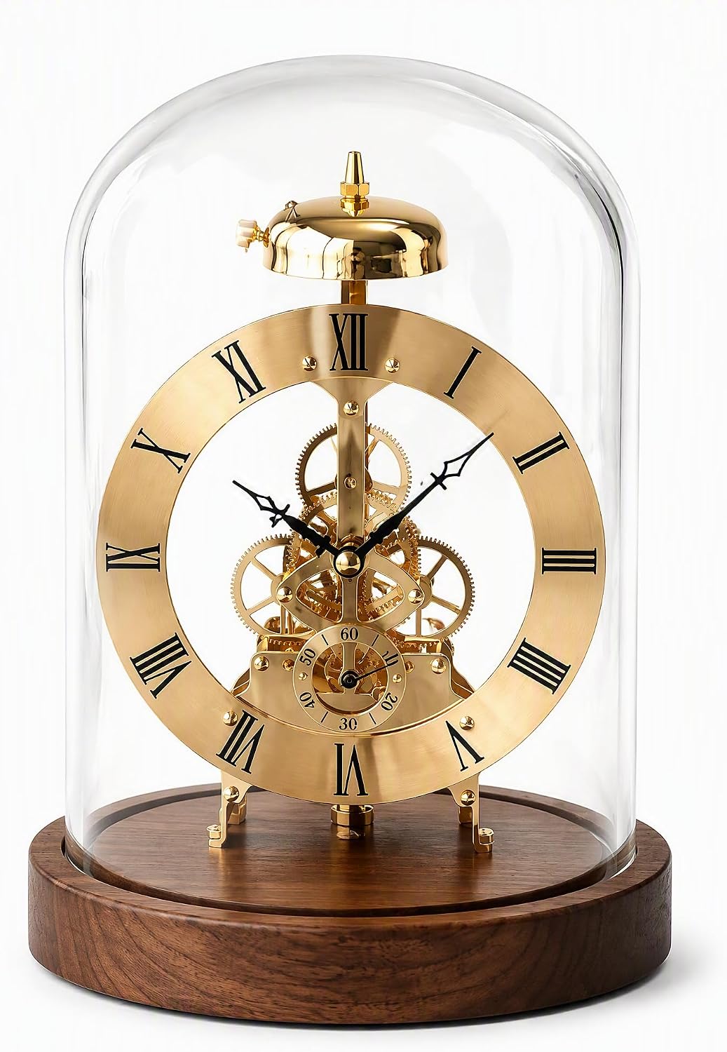 Mechanical Vintage Glass Dome Table Clock, Black Walnut Night Light Desk Clock, Sound-Activated Warm LED Night Light, Quartz + Mechanical See-Through Movement, Desk Decor Accessories