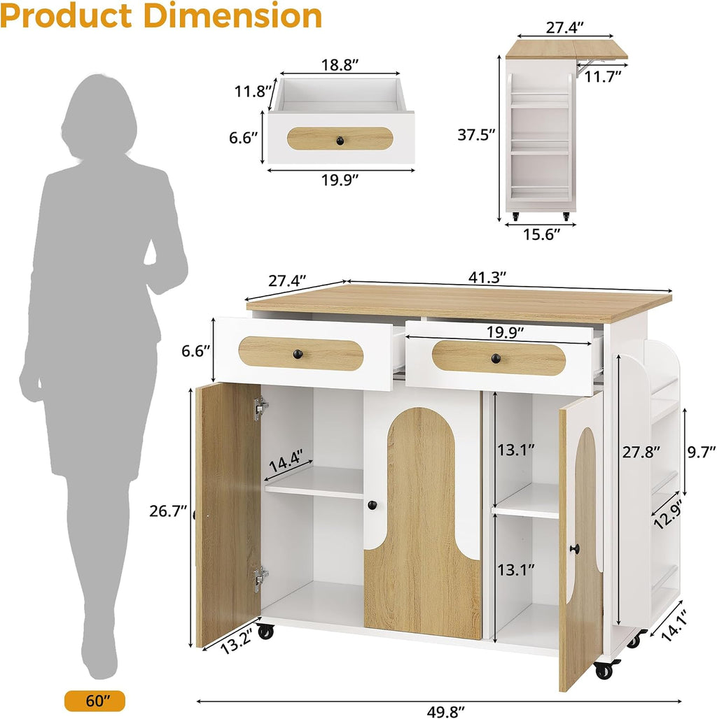IRONCK 41.3" Kitchen Island Cart with Drop Leaf & Side Shelves, White