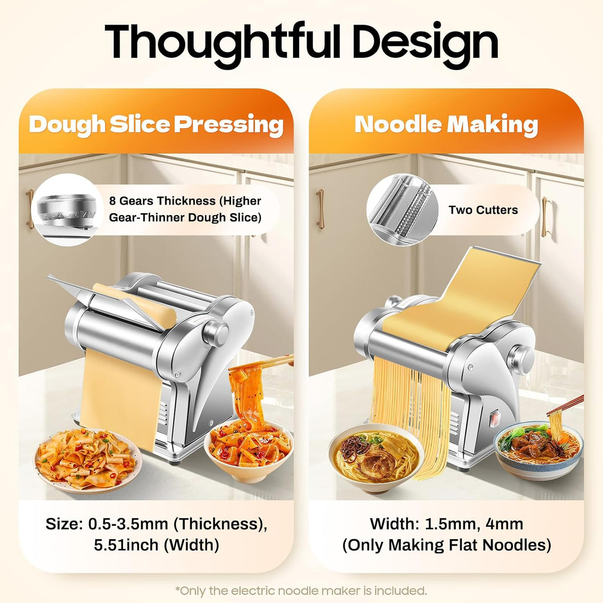 Bacocoo 2-in-1Pasta Maker with 8 Adjustable Thickness, Settings Noodle Maker with Rollers and Cutter, Make Spaghetti, Fettuccini, Lasagna, & More.(135W 110V)