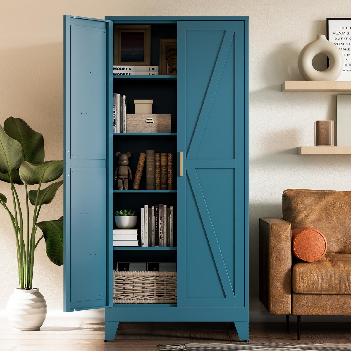 COFaR Home Farmhouse Storage Cabinet with 2 Barn Door, 61" H Metal Cabinet