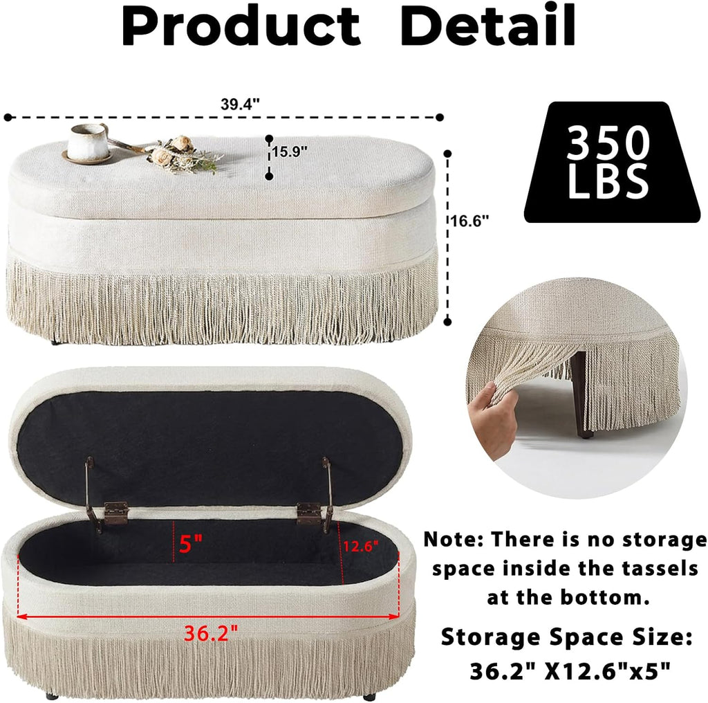 39.4“ Boho Storage Ottoman Bench with Tassels,Upholstered End of Bed Bench