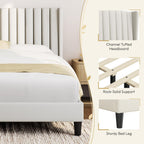 Yaheetech Queen Bed Frame with Headboard, Ivory Channel-Tufted Platform