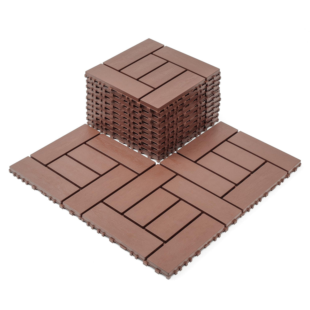 68 Pcs Interlocking Deck Tile, 61.60 Sq.Ft Deck Flooring Outdoor Waterproof All Weather, Flooring Tiles for Patio, decking Tiles for Indoor and Outdoor use, 11.42"x11.42" Square, Brown