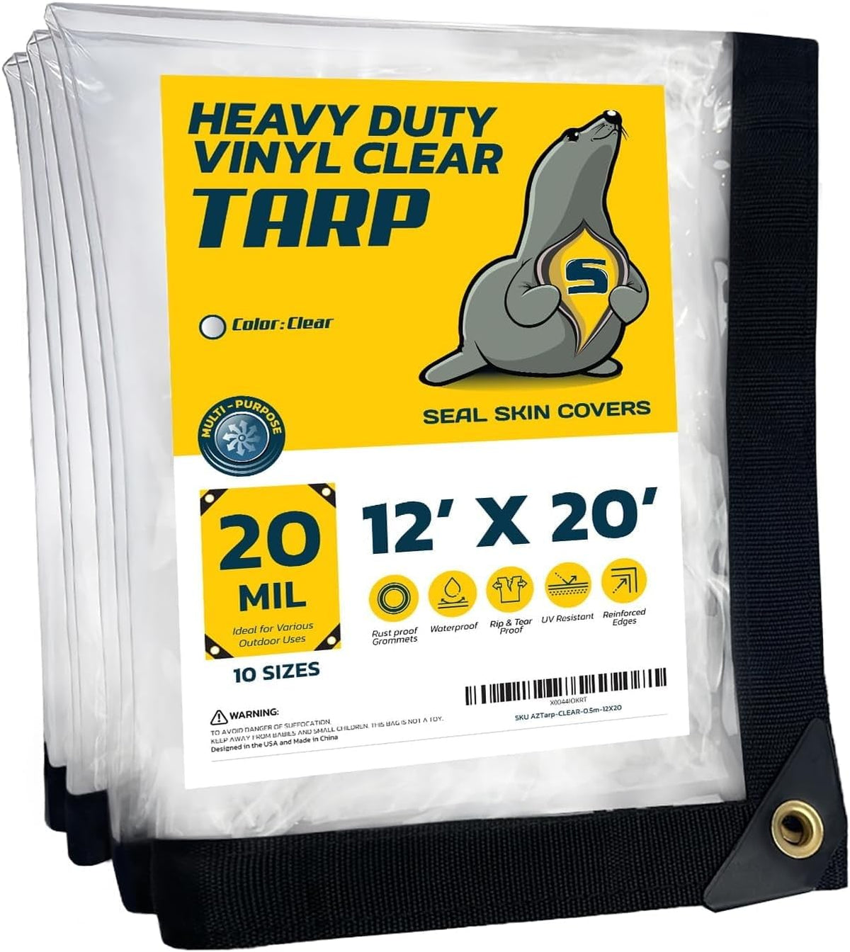Seal Skin Covers Waterproof Clear Tarp 10x20 FT, 20 Mil 18 OZ 560 GSM Heavy Duty Transparent Vinyl Tarpaulin with Grommets