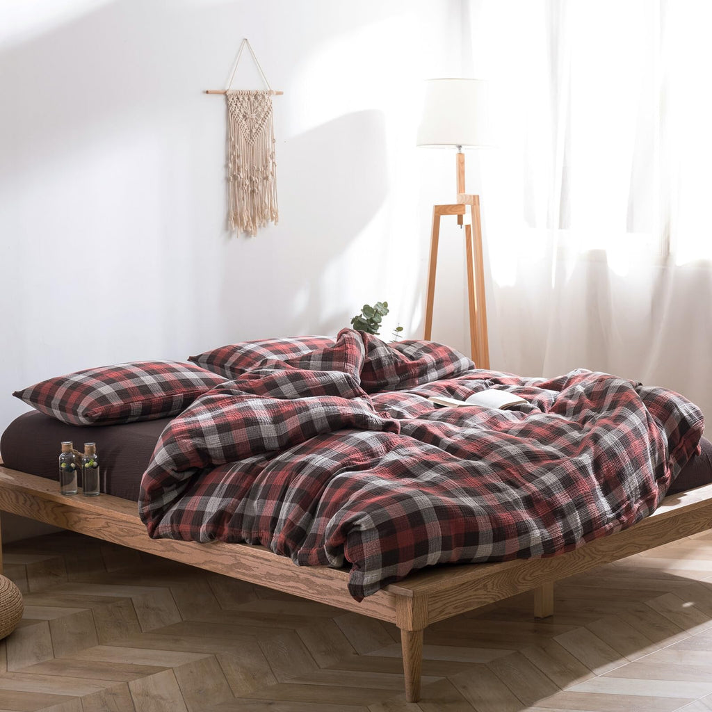 Plaid Duvet Cover Set Washed Cotton,Queen(90"x90"),Multicolor Gingham
