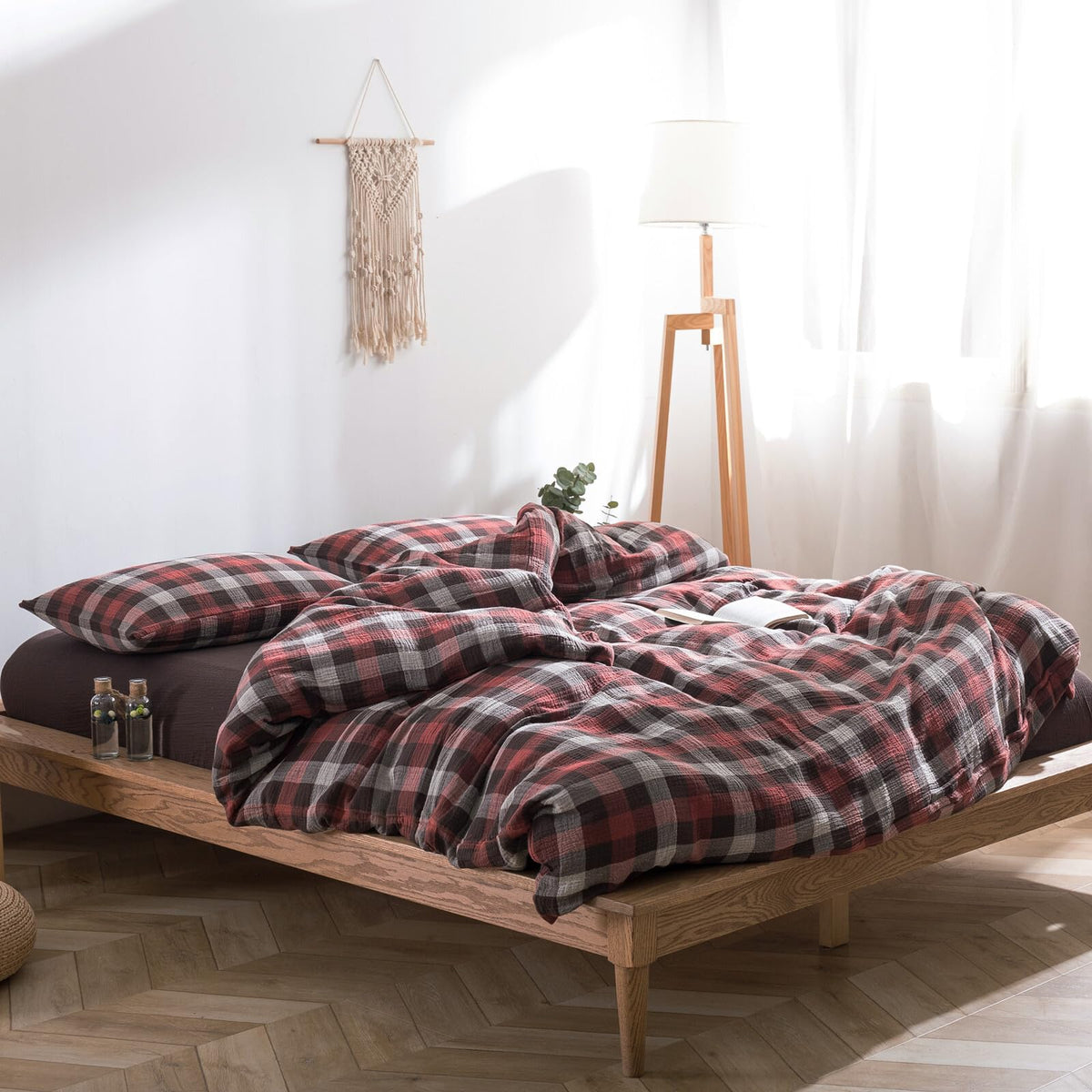 Plaid Duvet Cover Set Washed Cotton,Queen(90"x90"),Multicolor Gingham