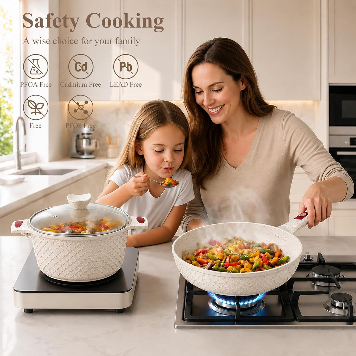 29Pcs Pots Pans Set Ceramic Nonstick Cookware Sets,White Fish Scale Pattern,Saucepot,With Frying Egg Pans and a Heat-Resistant Glass Lid,Silicone Kitchenware Included|For Induction Cooktops