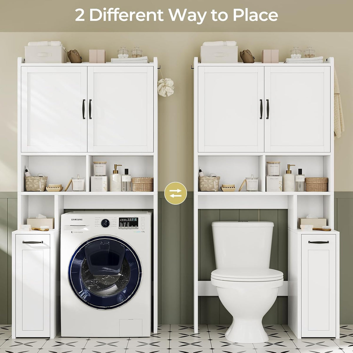 UPOSOJA Over The Toilet Storage Cabinet with Pulley Small Bathroom Storage Cabinet, Space Saver W/Adjustable Shelf & Open Shelf for Bathroom, Restroom, Laundry (White)