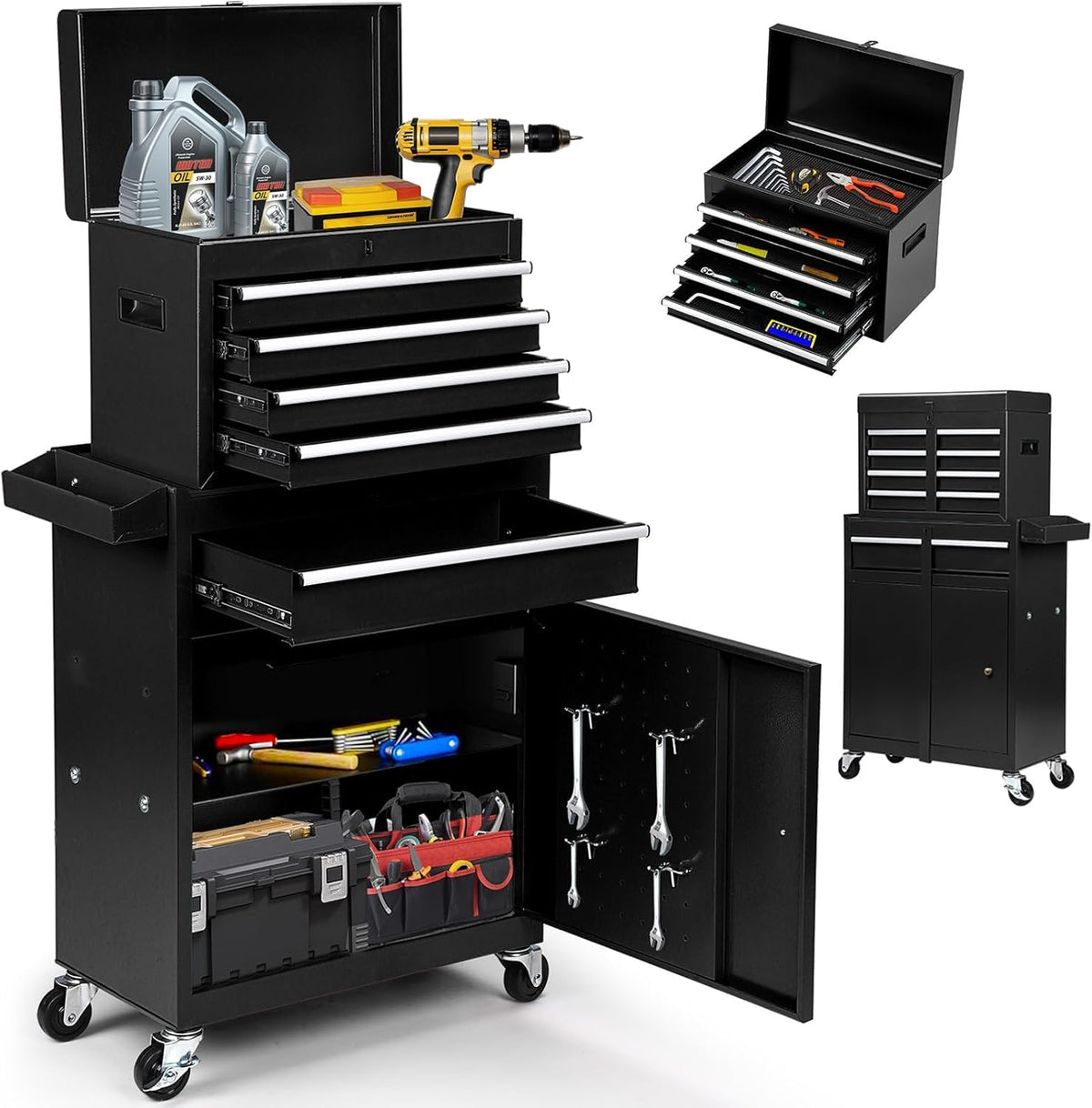 5-Drawer Rolling Tool Chest with Detachable Tool Box, Lockable Wheels, 4 Hooks, and Liner, Heavy-Duty Metal Tool Cart for Garage and Workshop Storage, Blue