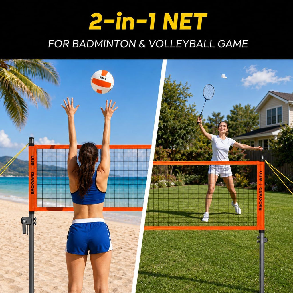 A11N SPORTS Outdoor Volleyball and Badminton Combo Set - Includes Adjustable Height Anti-Sag Net, Volleyball, Air Pump, 4 Badminton Rackets, 2 Shuttlecocks, Boundary Line Marker, and Carrying Bag