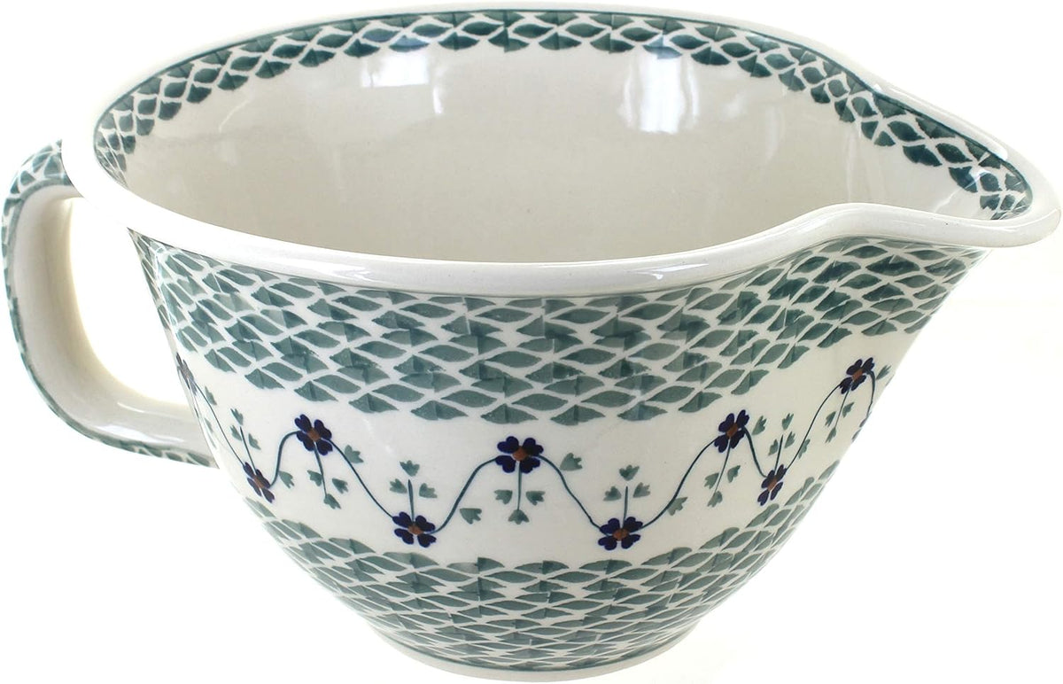 Blue Rose Polish Pottery - Green Floating Fern Batter Bowl - 10 Cup Capacity - Hand-Painted Ceramic Mixing & Pouring Bowl with Handle and Spout