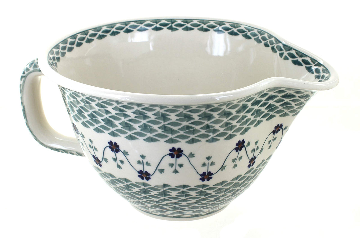 Blue Rose Polish Pottery - Blue Tulip Batter Bowl - 10 Cup Capacity - Hand-Painted Ceramic Mixing & Pouring Bowl with Handle and Spout