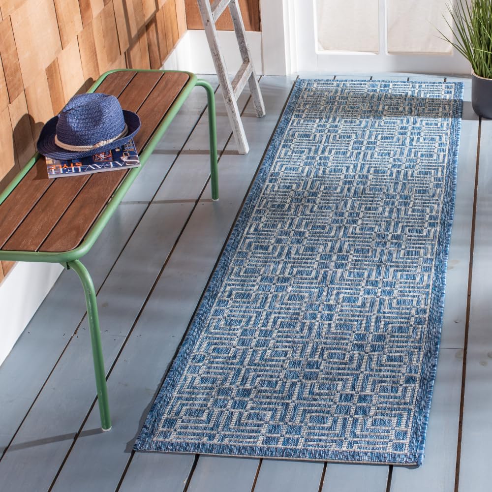 SAFAVIEH Washable Rug Outdoor Courtyard Collection - 8' x 11', Navy & Grey, Non-Shedding & Easy Cleaning, Ideal for Patio, Backyard, Mudroom (CY8467-36821)