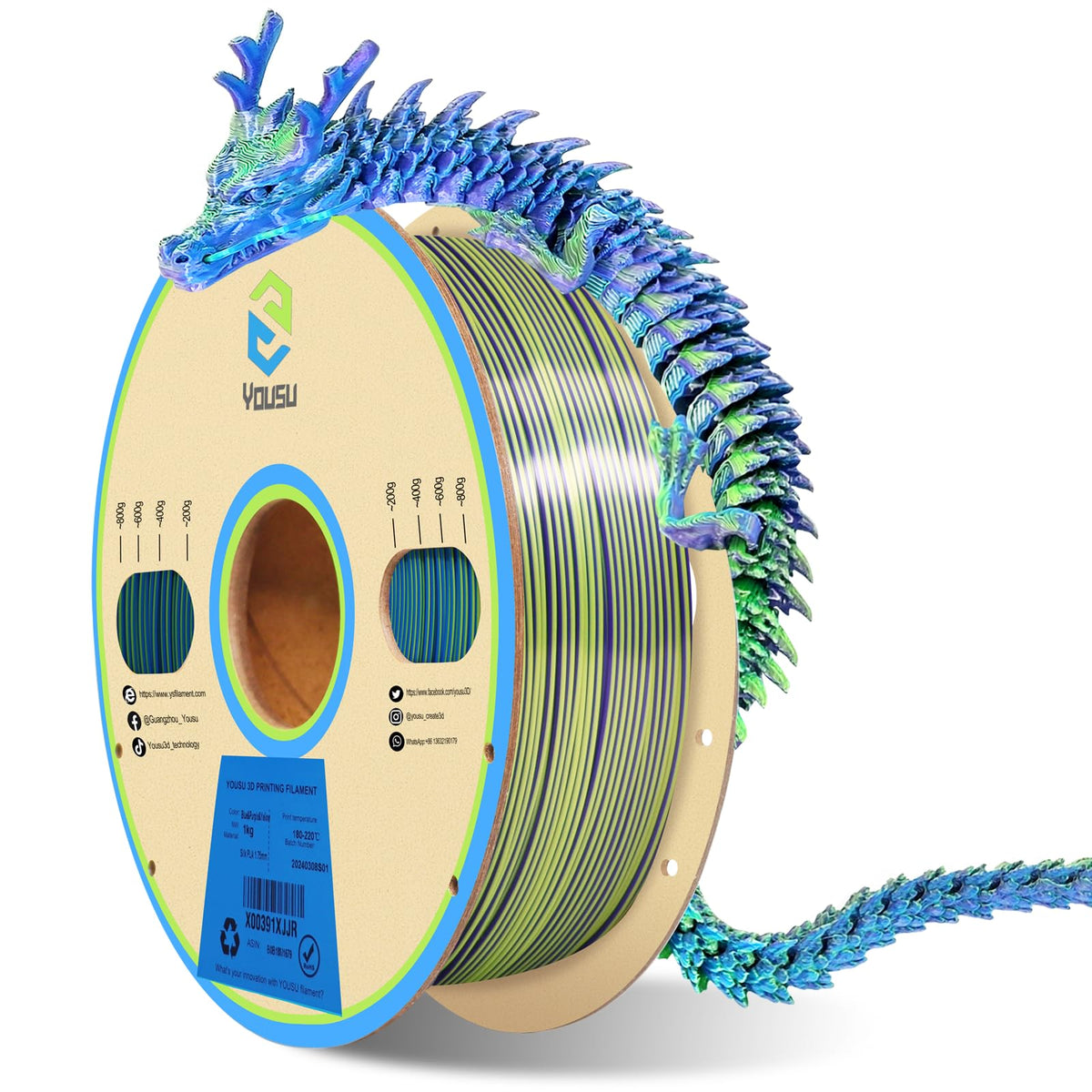 YOUSU 3D Printer Filament Silk PLA Filament Rainbow Color,1.75mm Tri Color PLA Filament 6kg Pack,1kg Spool.