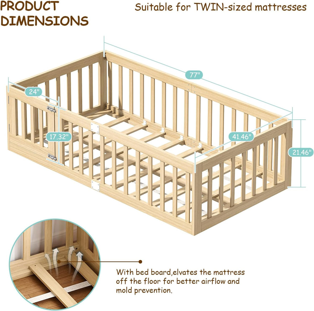 EXPERLAM Twin Montessori Floor Bed with High Guardrails and 2 Door Latch, Solid Wood Toddler Bed Frame with 10 Slats and Supporting keel, Low-to-Floor for Crib-to-Bed Transition, Natural